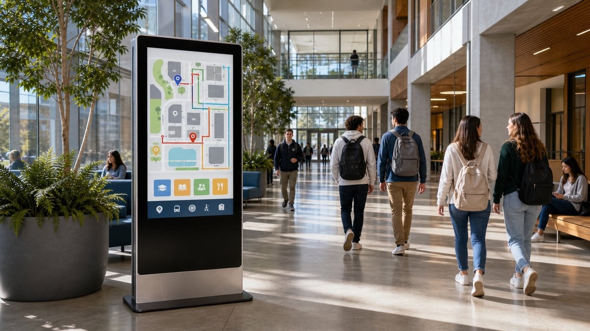 Interactive campus wayfinding kiosk with touchscreen directory at university building entrance