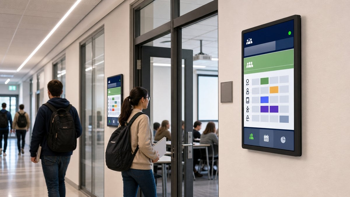 Digital signage outside a university classroom showing real-time room schedule and availability