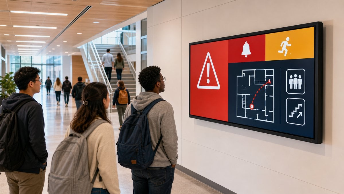 Emergency alert digital signage on a university campus displaying safety instructions during a lockdown drill