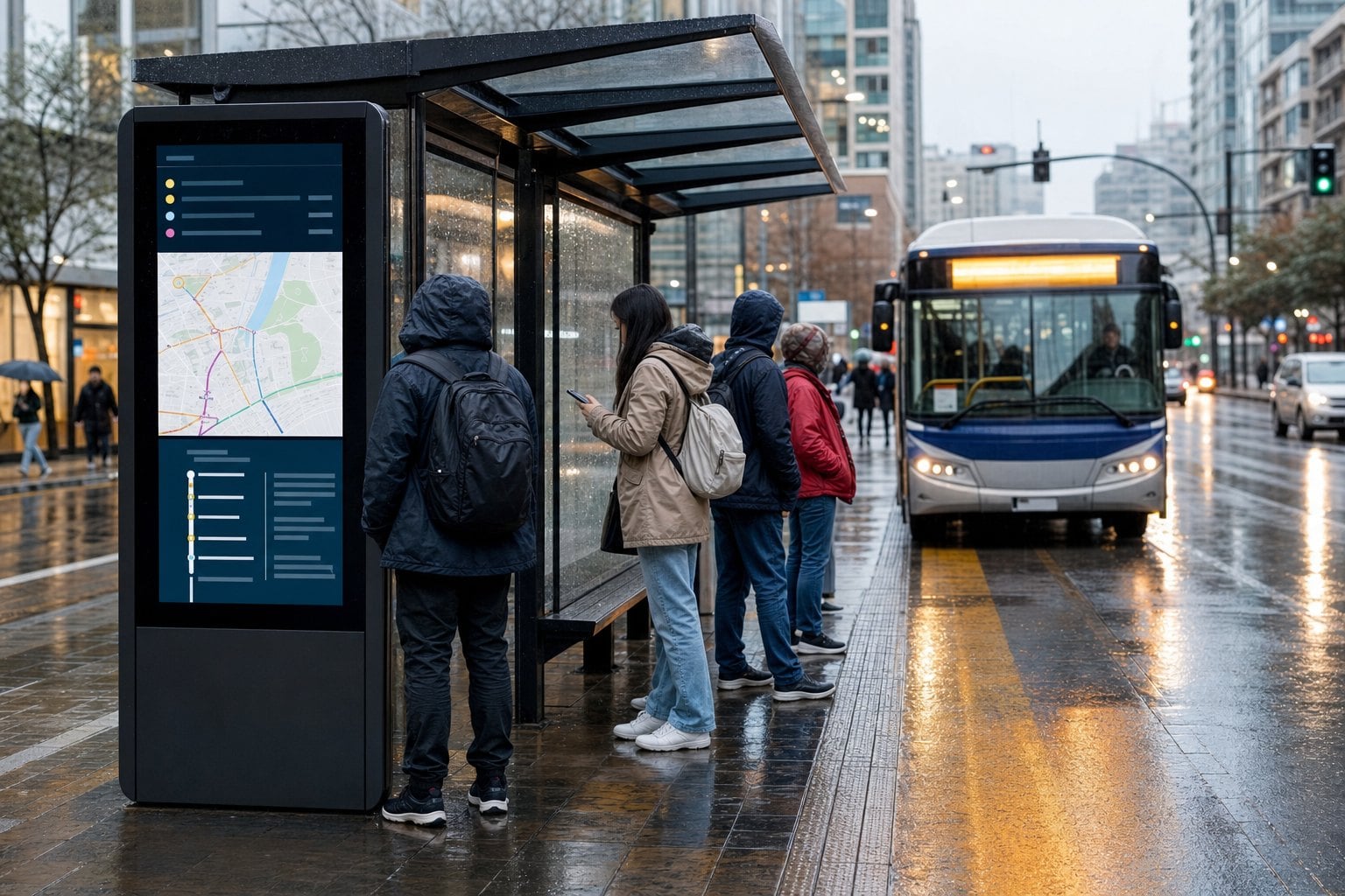 Smart bus stop kiosk rainy weather
