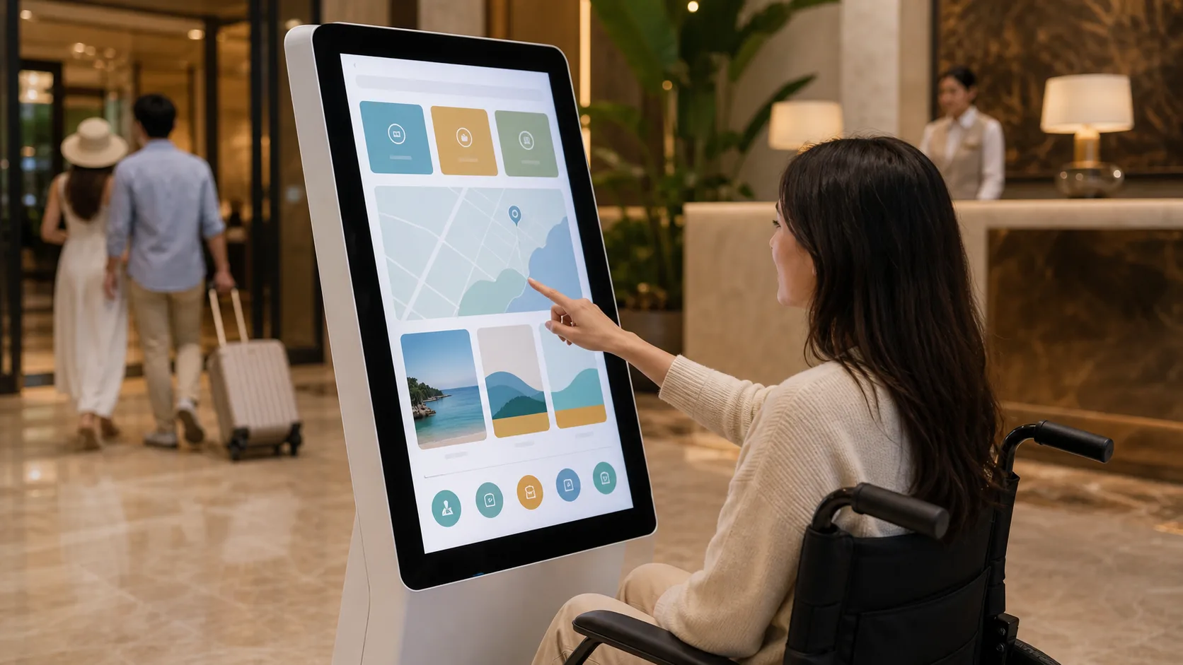 Accessible self-service kiosk UI designed for universal guest usability at luxury resort