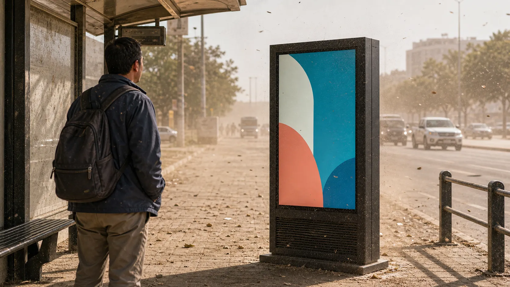 IP65-rated outdoor digital signage display installed at a dusty roadside location
