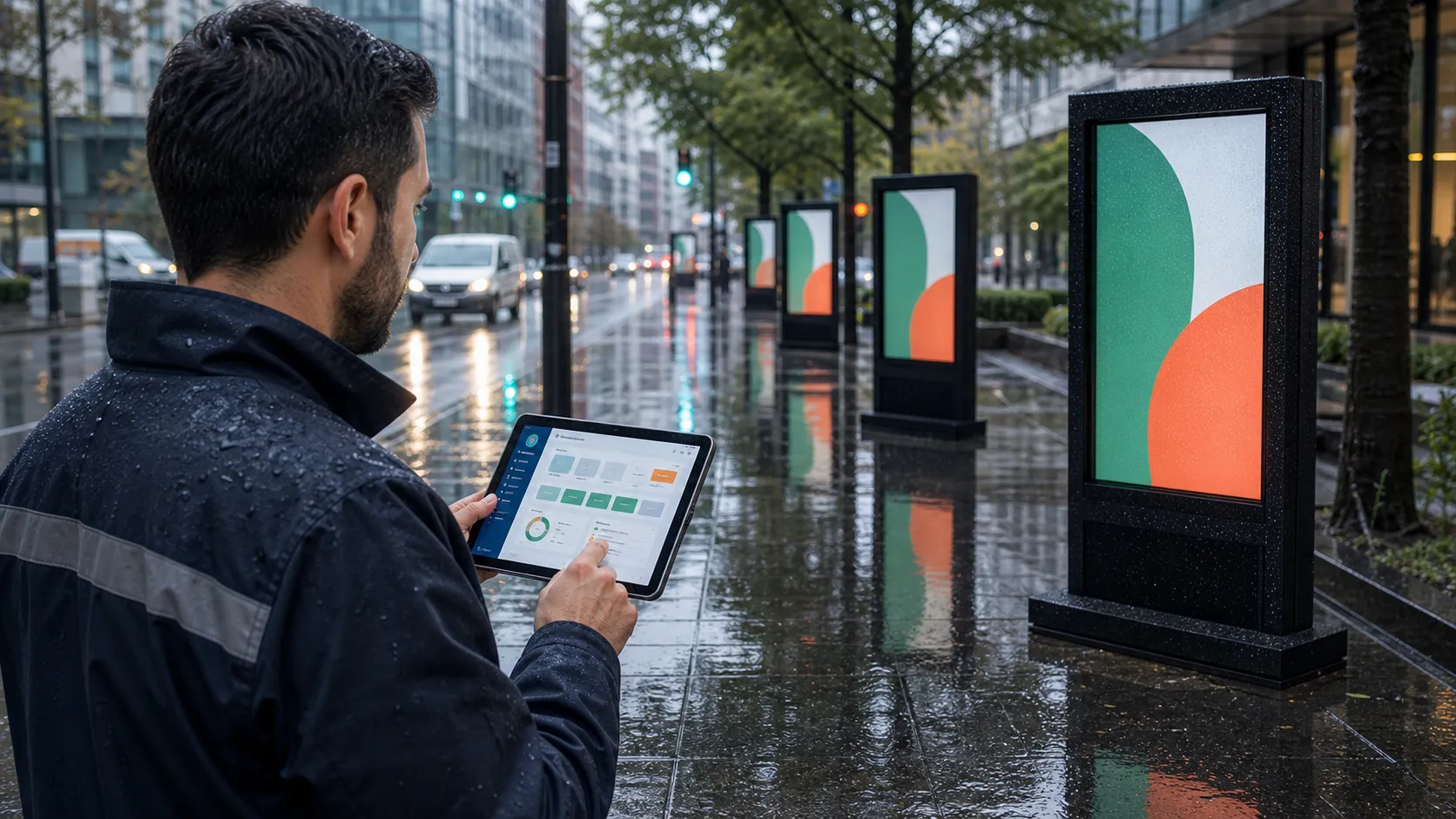 Remote device management dashboard monitoring IP65 outdoor digital signage network