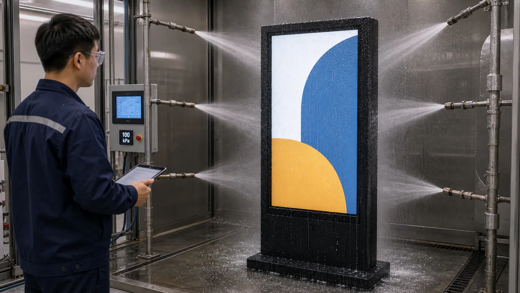 IP65 water jet test showing outdoor digital signage resistance to high-pressure water spray