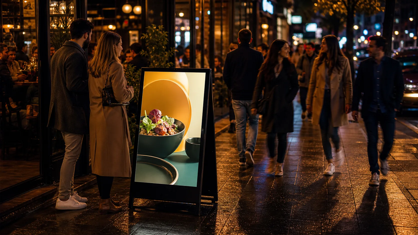 Illuminated portable digital A-board at night attracting attention