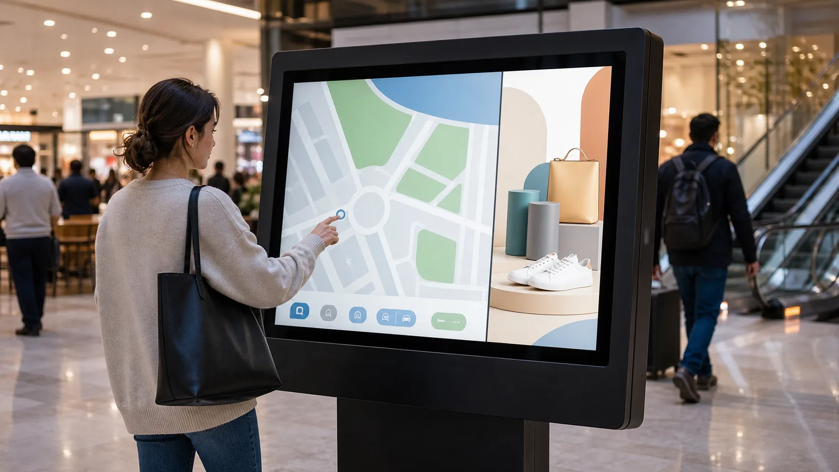 Split-screen digital signage kiosk balancing advertising and utility content