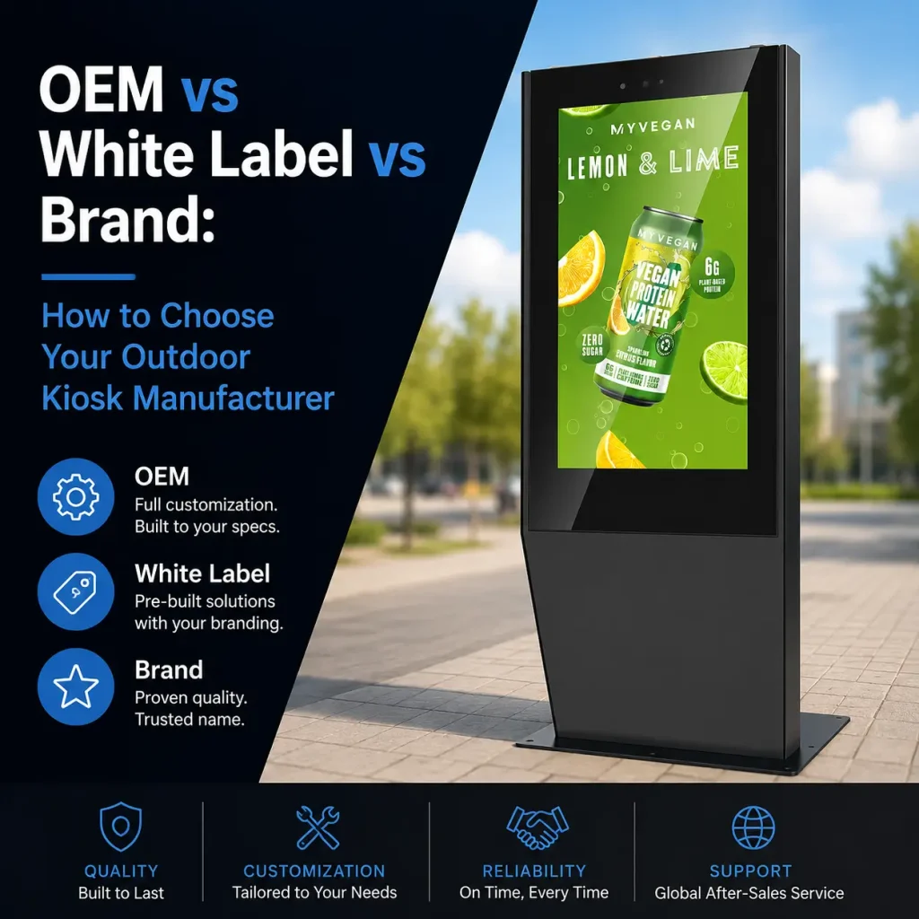 OEM vs white label vs branded outdoor kiosk manufacturer comparison featuring a freestanding outdoor digital signage display.