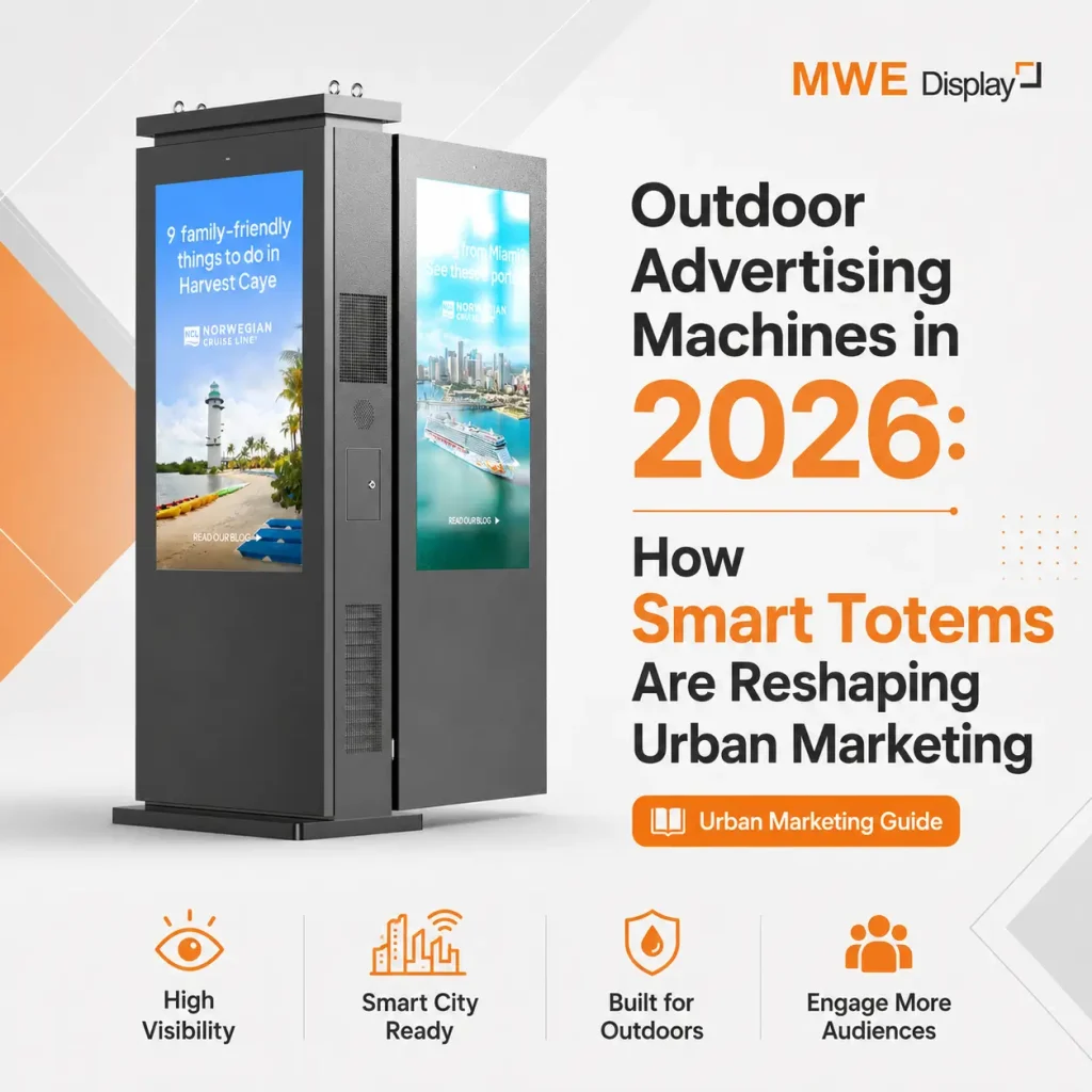 Tótem inteligente para exteriores de doble cara con pantallas de publicidad digital para marketing urbano en 2026