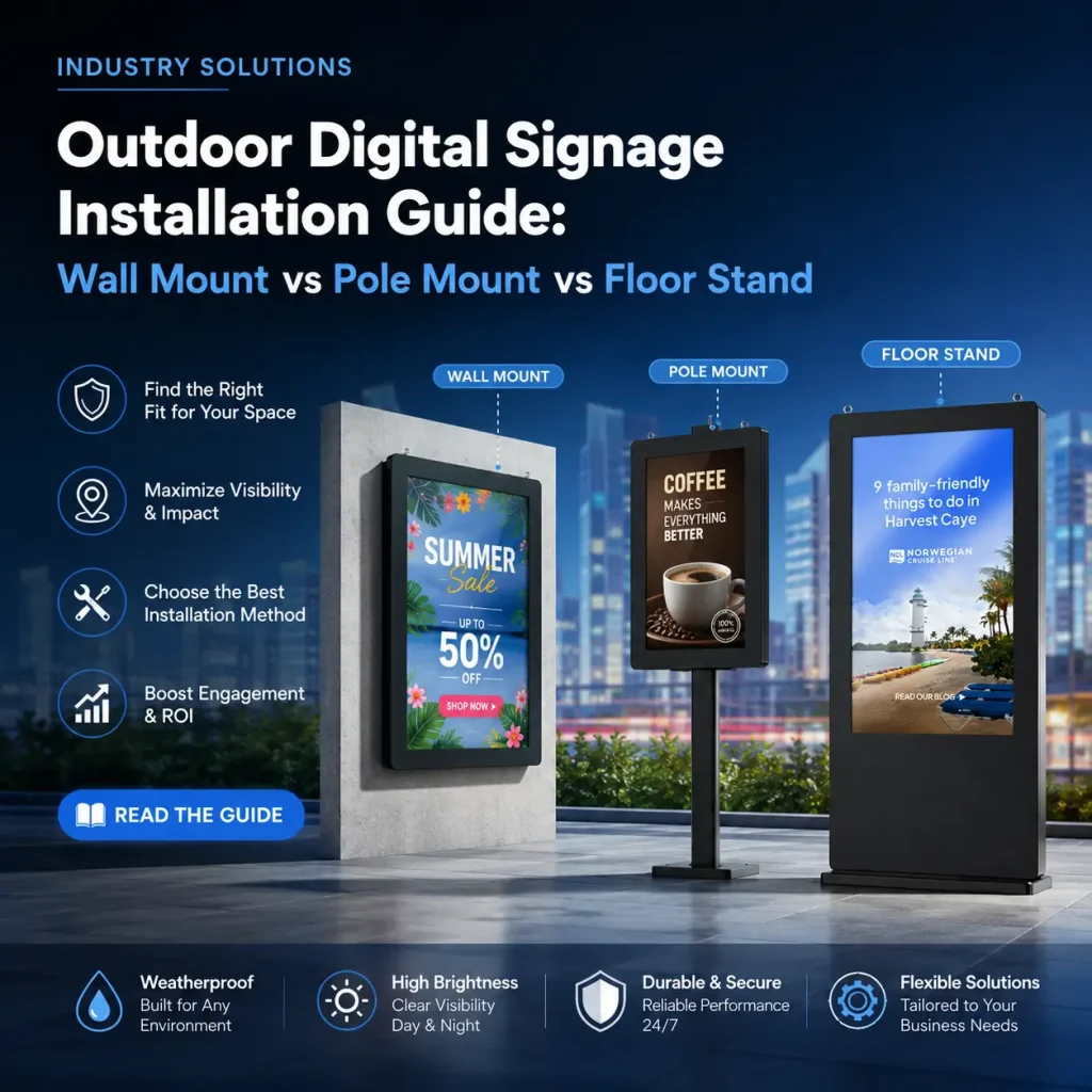 Guía de instalación de señalización digital para exteriores: montaje en pared, montaje en poste, soporte de suelo